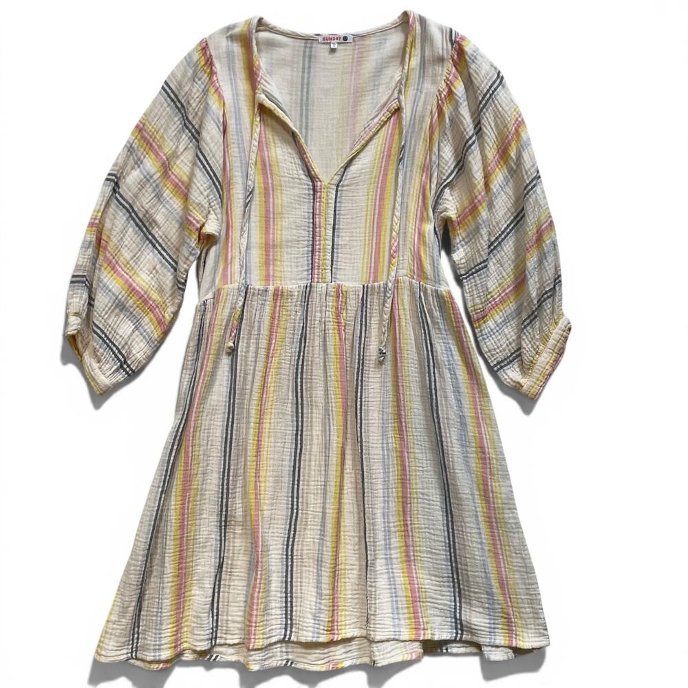 SUNDRY Gauze Stripe Mini Dress M Pastel Pink Yellow Blue Cotton Boho USA